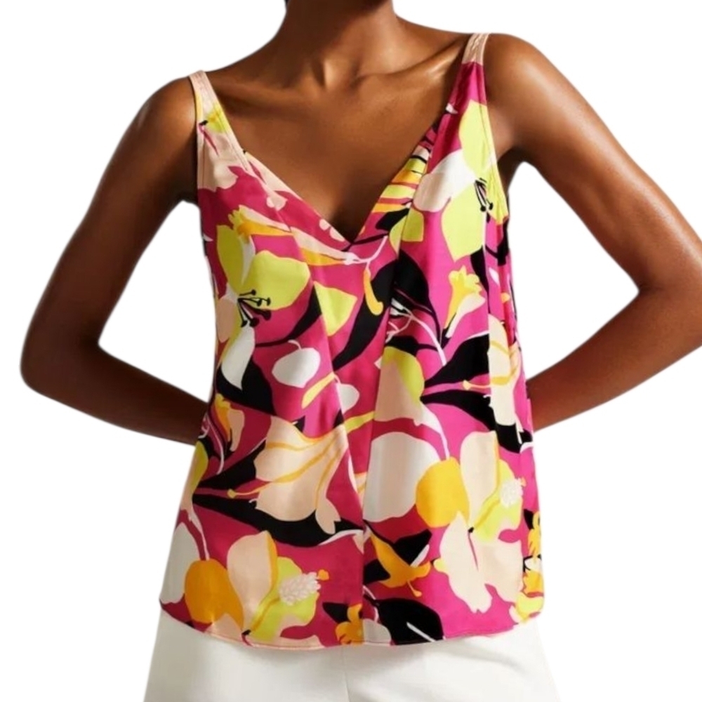 Ted Baker Thaliah Abstract Floral Print Woven Cami Top XS NWT Bright Pink